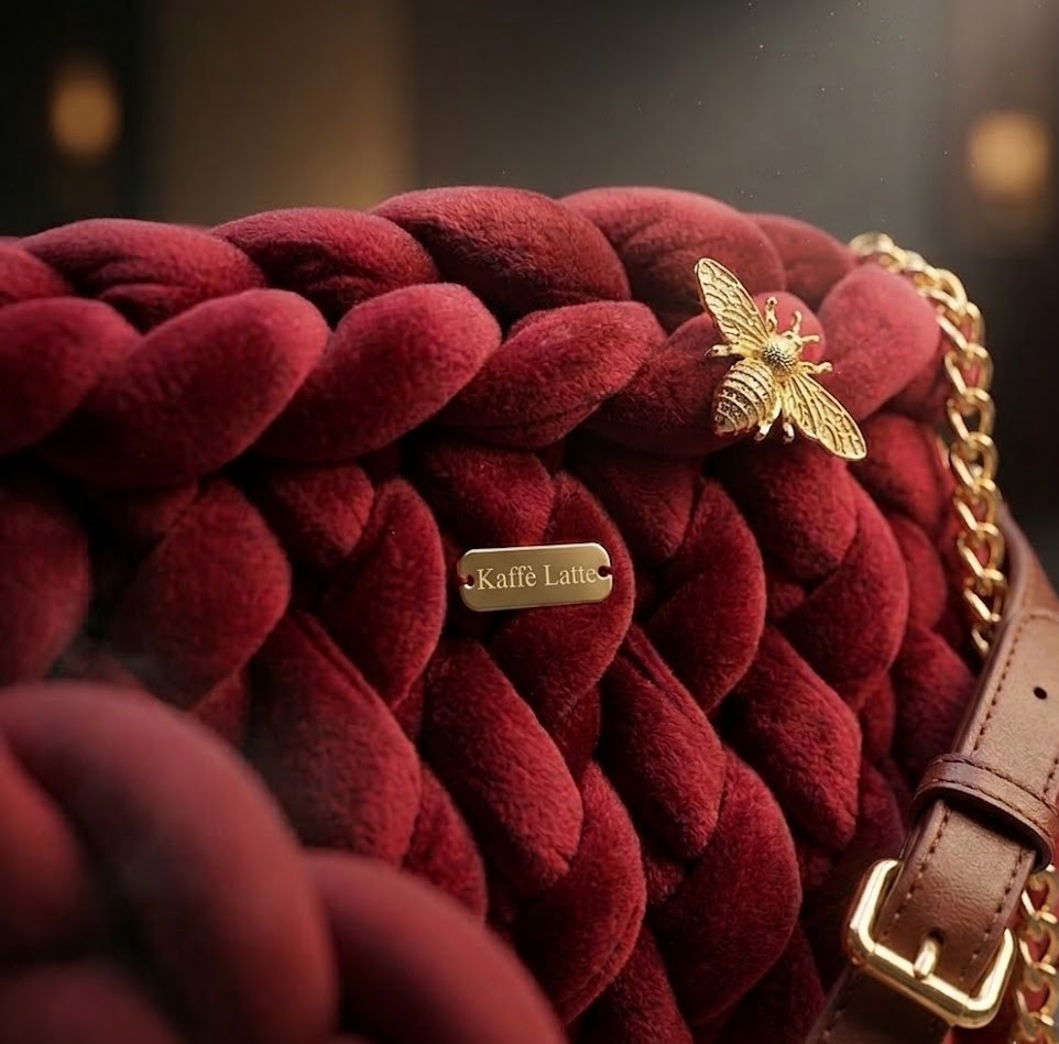 ##Le Rubis – Sac Velvet Chunky Knit Bordeaux & Abeille Dorée##